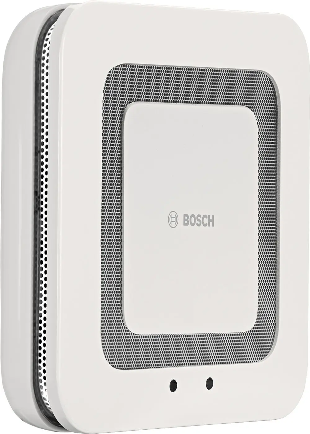 Rauchwarnmelder in rechteckiger Form von Bosch mit einem schlichten weißen Gehäuse und einem Gitterdesign an den Seiten zur Luftzirkulation.